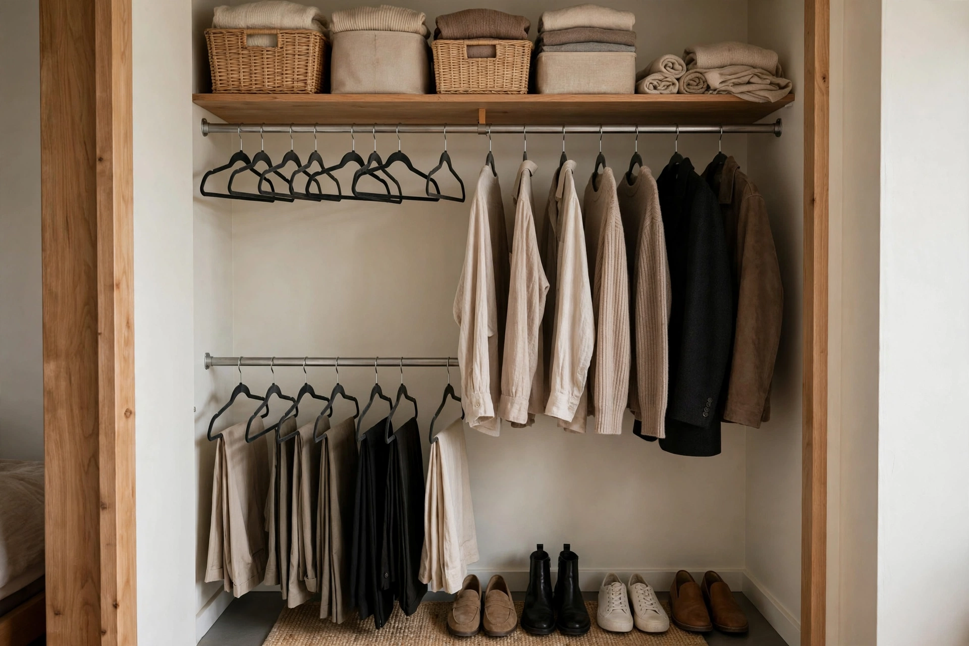 Neatly organized capsule wardrobe with slim hangers in a small studio apartment closet
