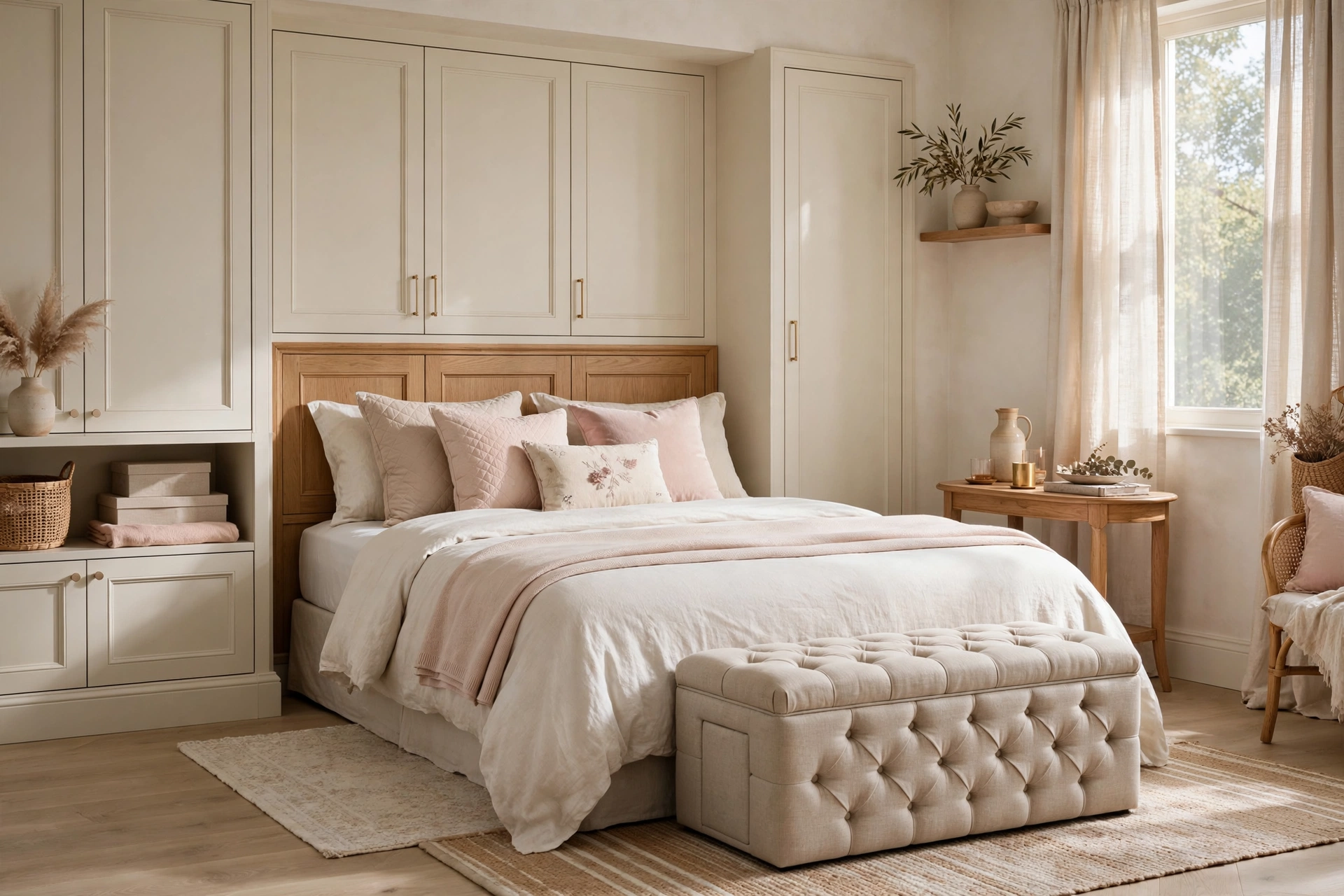 Tufted linen storage ottoman at the foot of a bed hiding clutter in a studio apartment