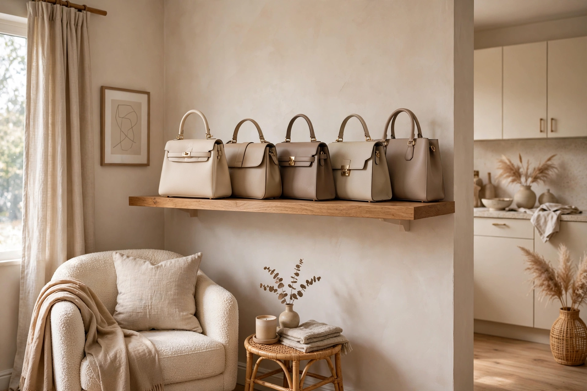 Handbags displayed upright on a floating shelf as decor in a studio apartment