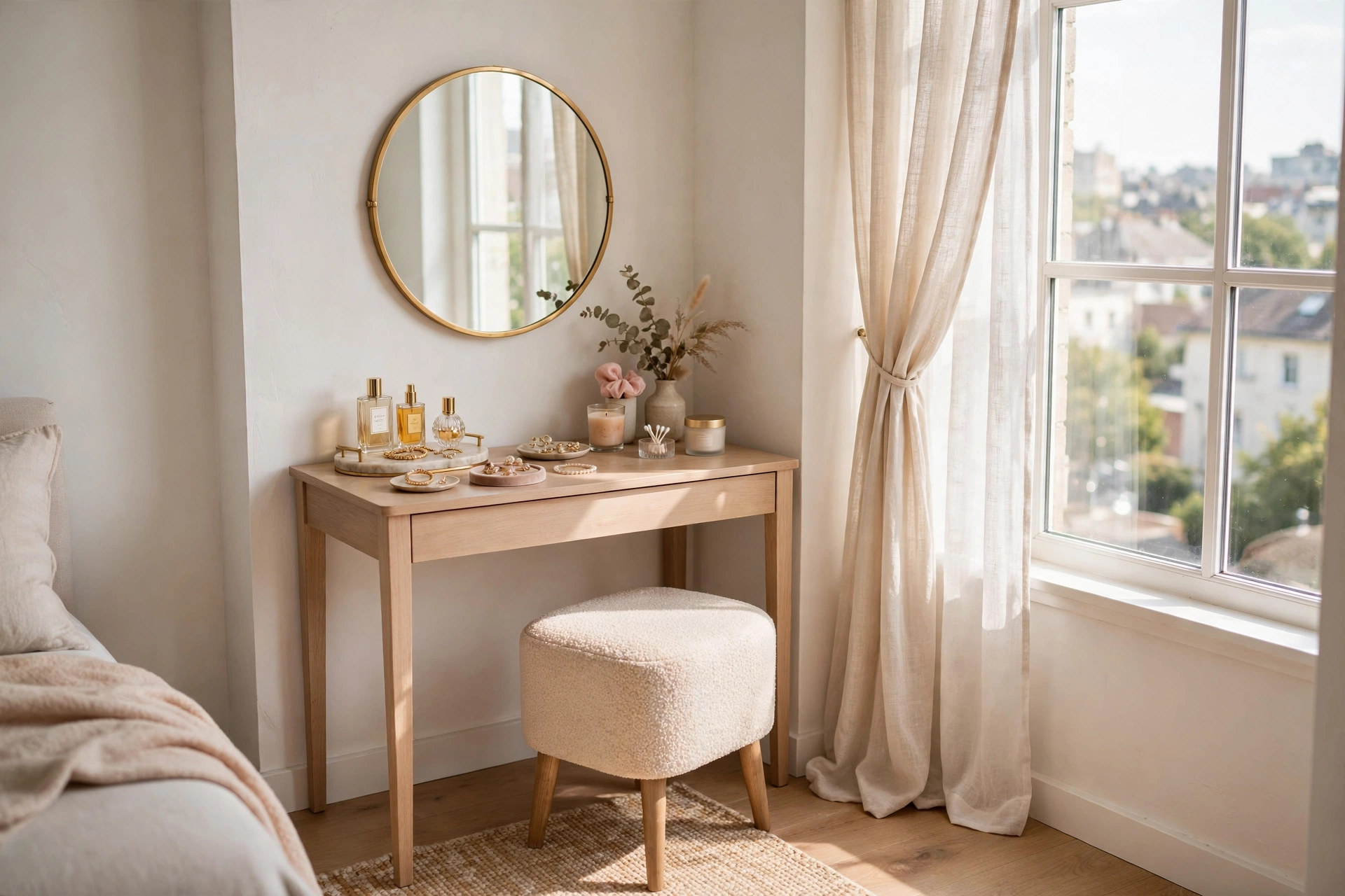 Elegant vanity nook with mirror and stool tucked in a bright studio apartment corner