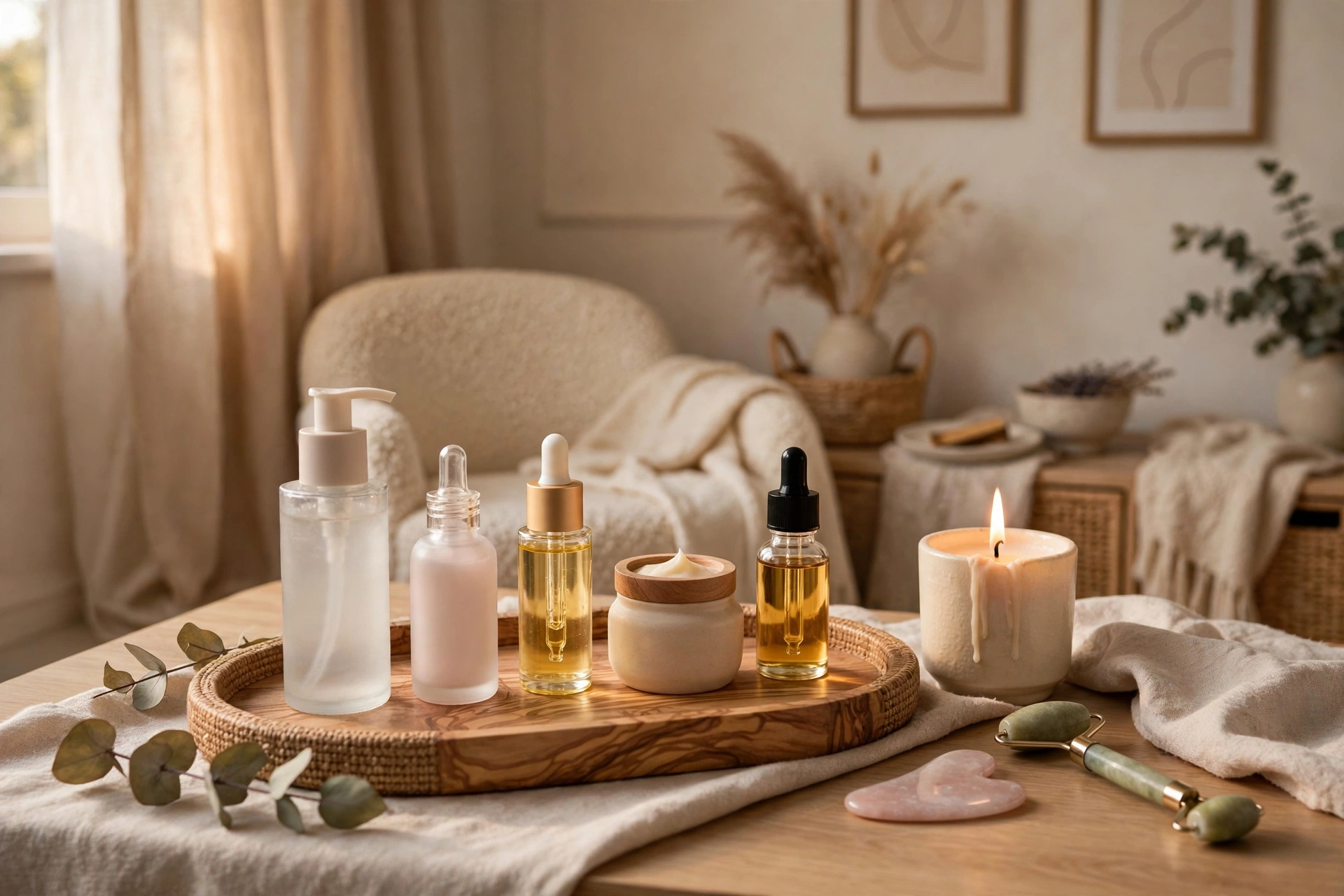 Skincare products arranged in order on a tray with a candle in a studio apartment