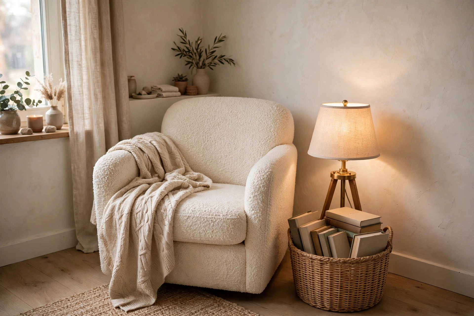 Cozy boucle reading chair with lamp and book basket in a quiet studio apartment corner