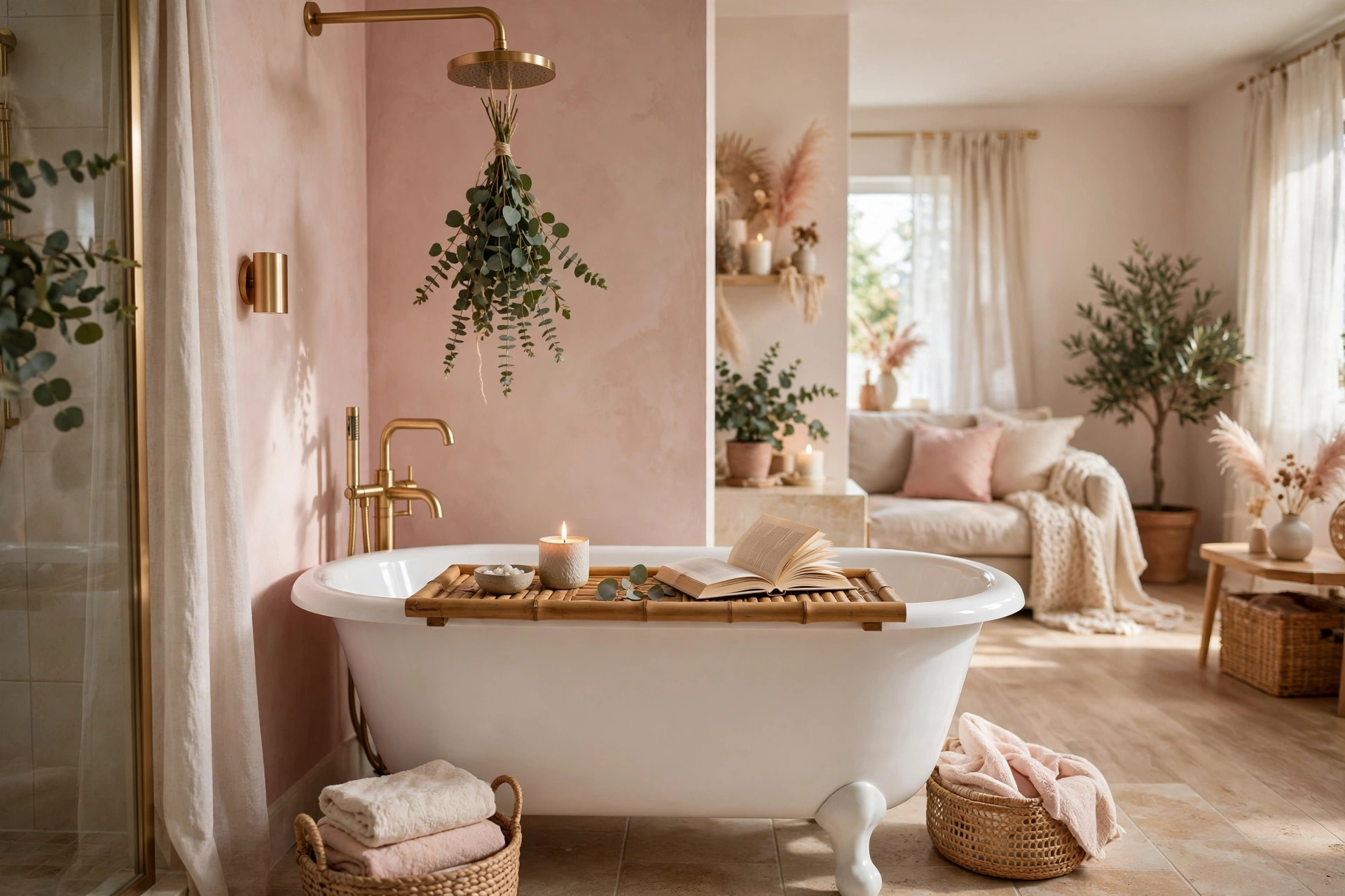 Bamboo bath tray with candle and book across a tub with eucalyptus in a studio bathroom