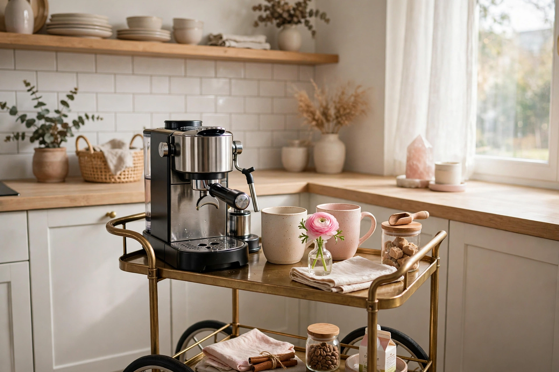 Styled morning coffee station with machine mugs and small vase in a studio kitchenette