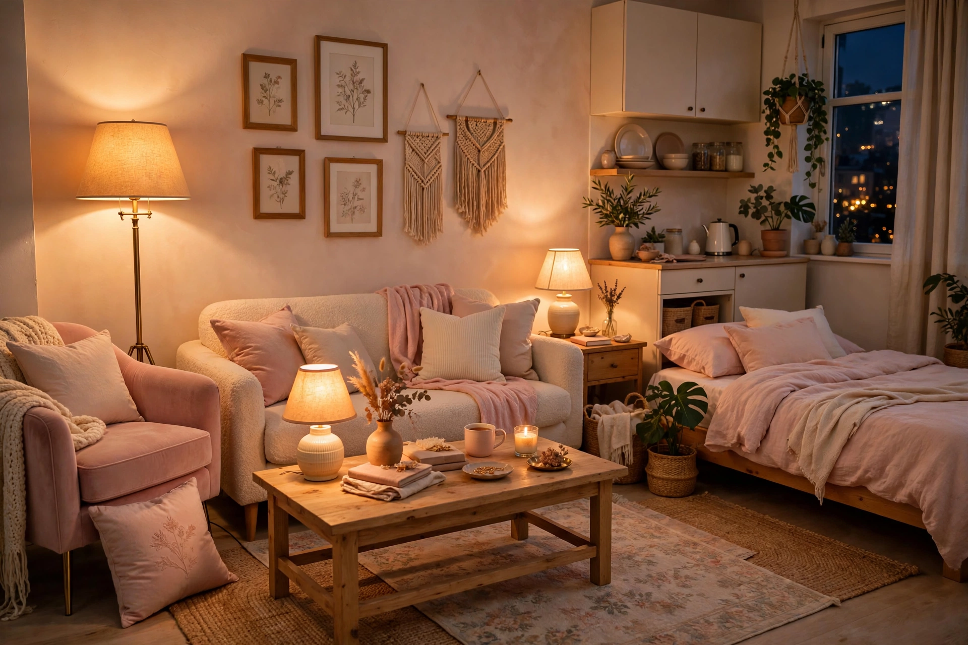Studio apartment glowing with warm layered lamps at different heights in the evening