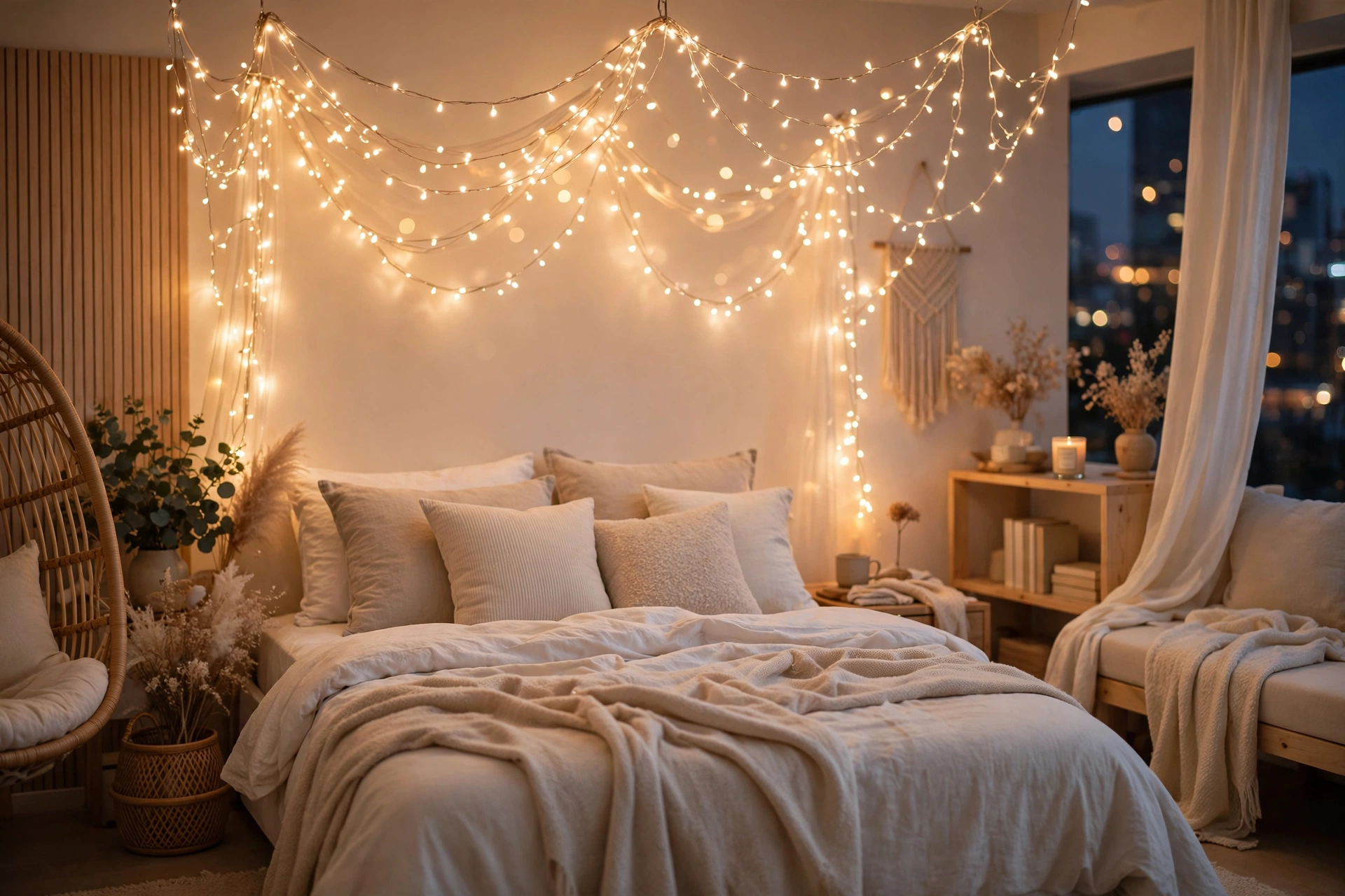 Warm fairy lights draped in a canopy over a bed in a feminine studio apartment
