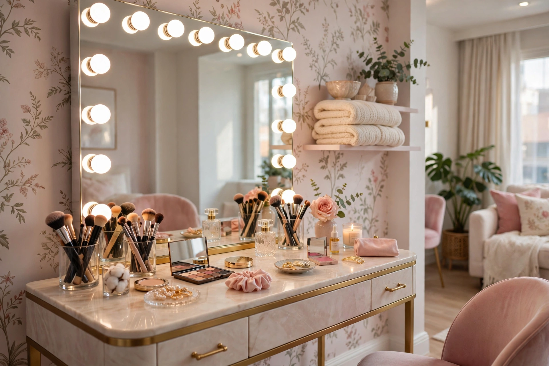 Hollywood-style LED vanity mirror glowing on a dressing table in a studio apartment