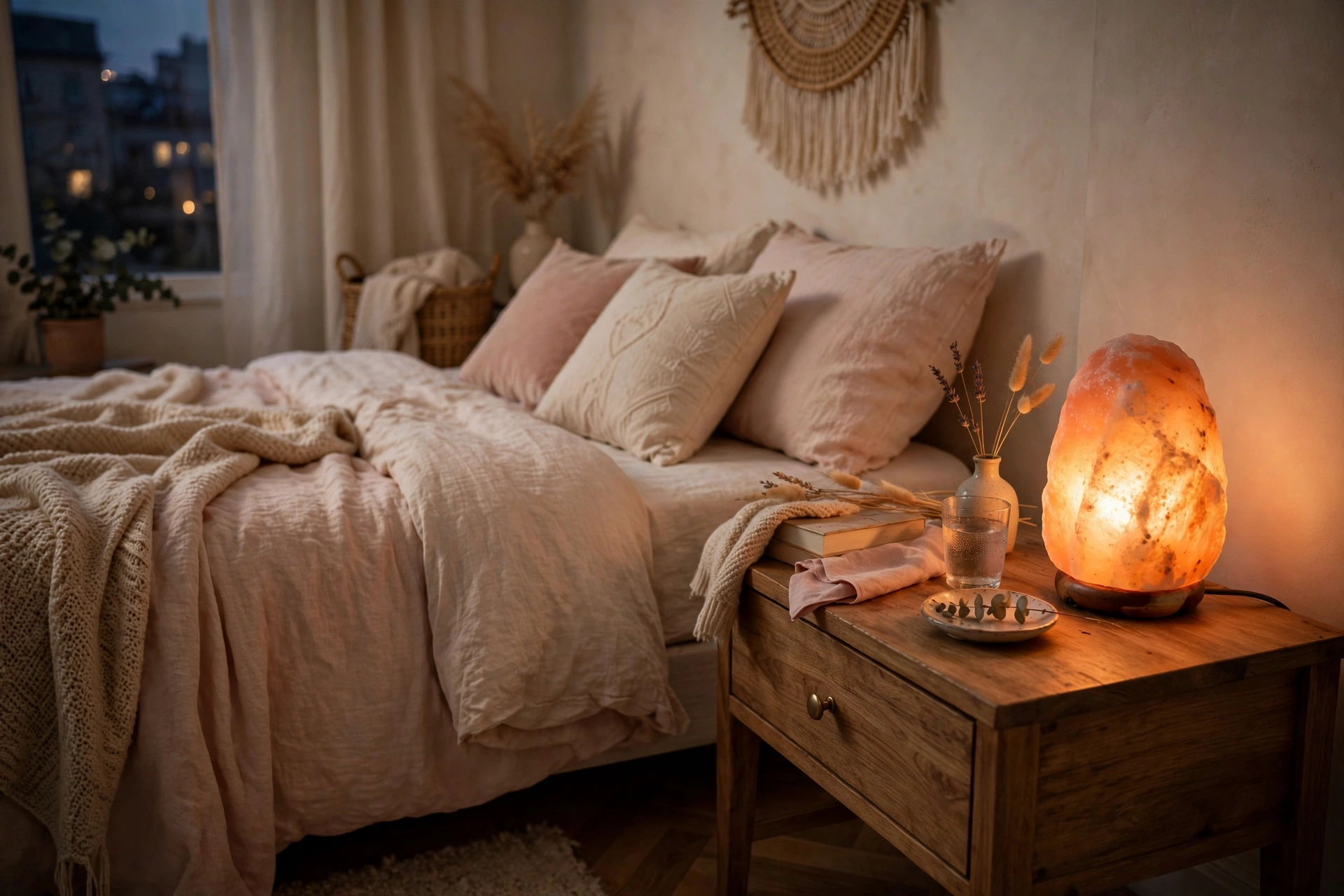 Himalayan salt lamp casting amber glow on a nightstand in a cozy studio bedroom