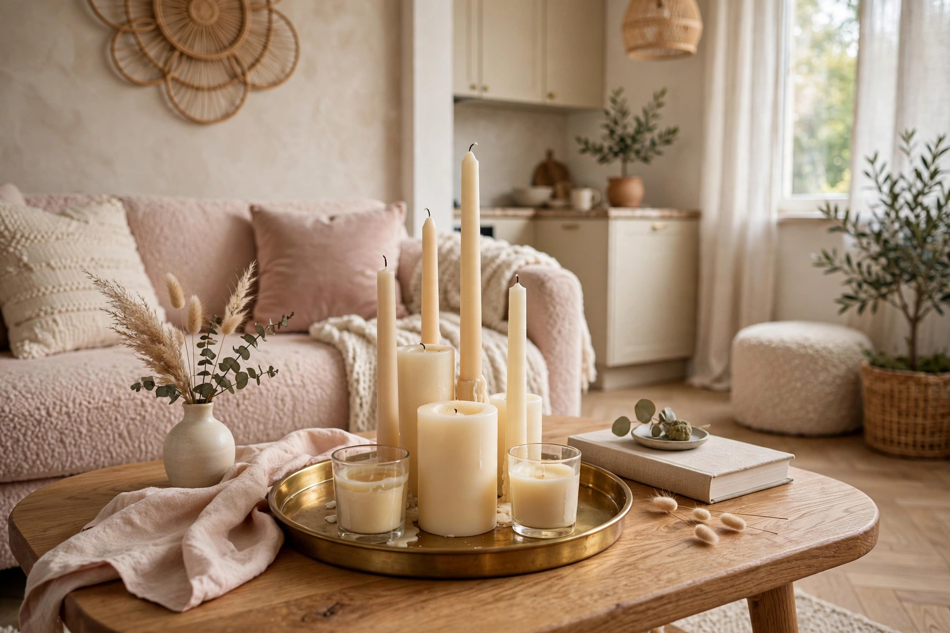 Cluster of candles in varying heights styled on a tray in a studio apartment