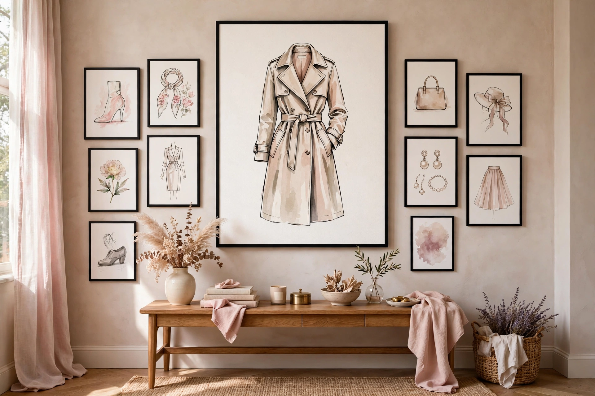Gallery wall of fashion prints and art in matching frames in a feminine studio apartment