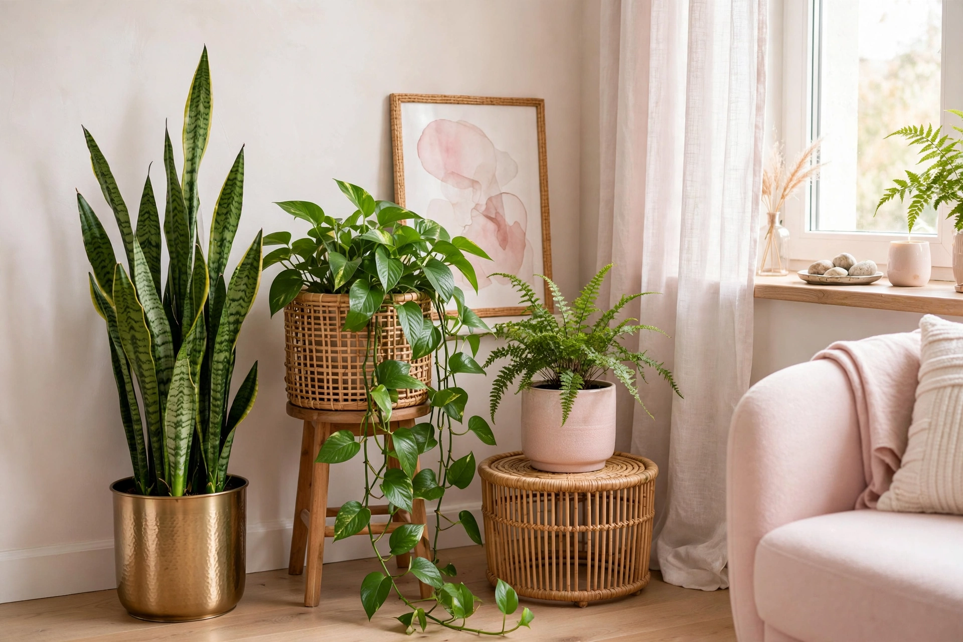Houseplants in ceramic and brass planters grouped at different heights in a studio apartment