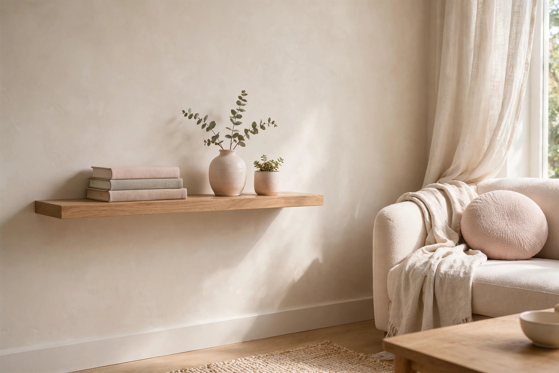 Floating shelf styled with books vase and small plant in a feminine studio apartment