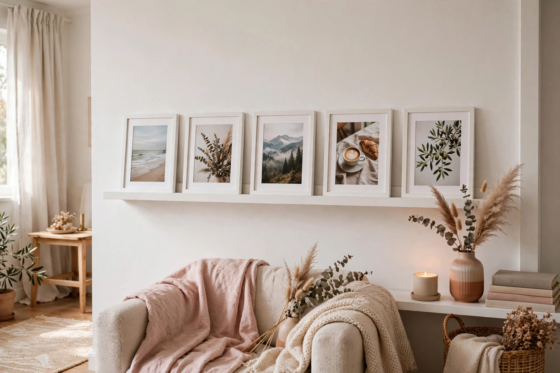 Framed photos of friends and family displayed on a picture ledge in a studio apartment