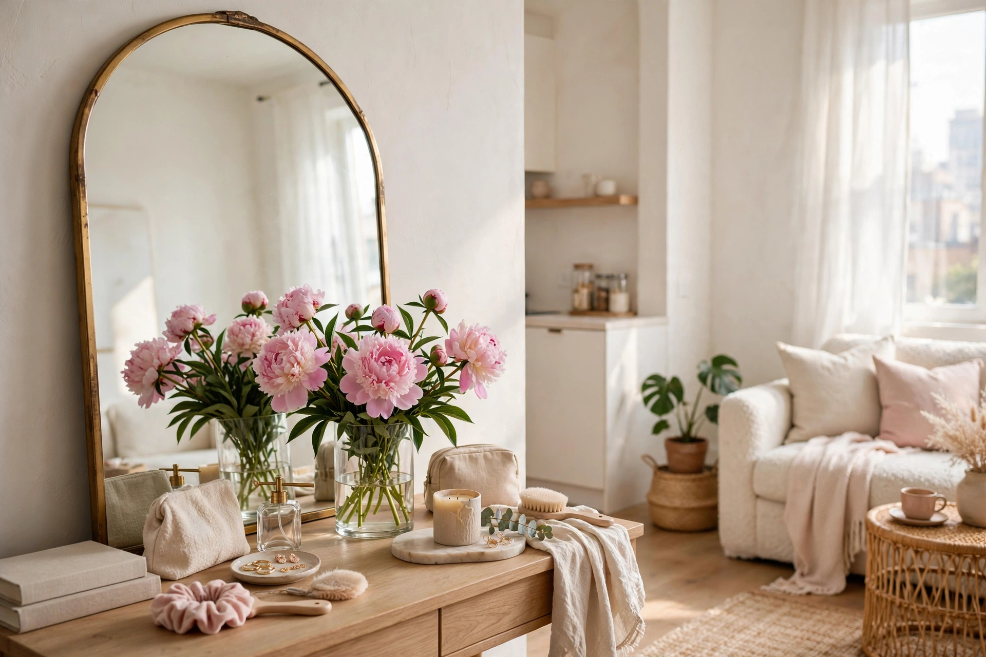 Fresh peonies in a vase on a vanity table in a bright feminine studio apartment