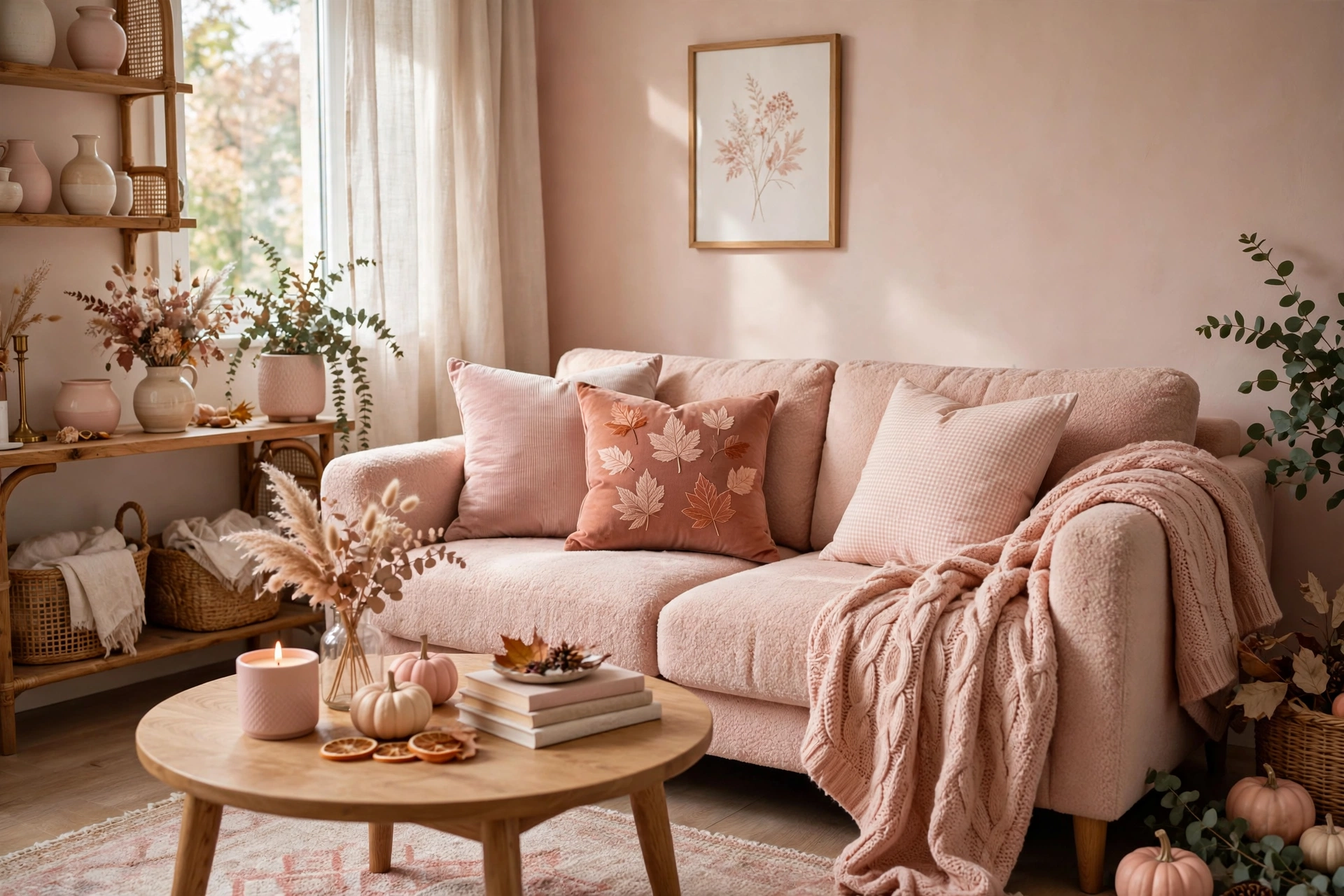 Seasonal throw pillows and decor being swapped in a cozy studio apartment living area